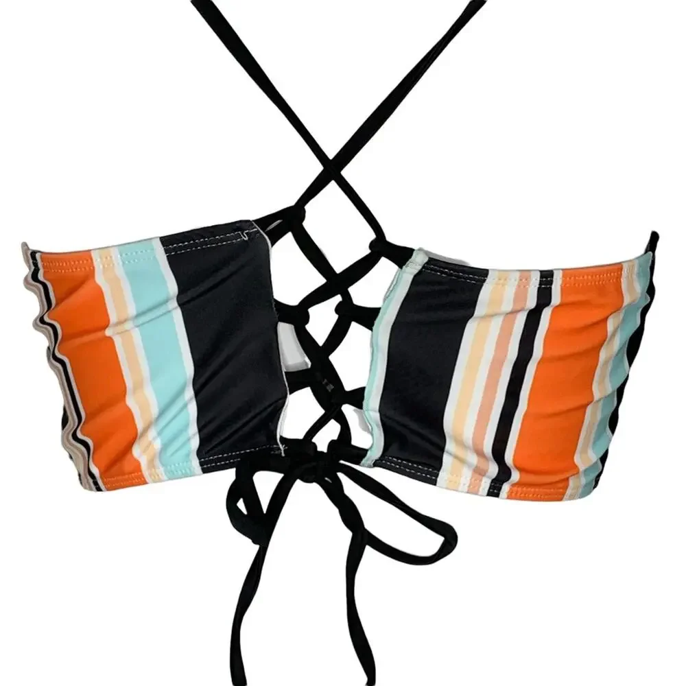 Romwe Striped Bikini Top Size L Multicolor Crisscross and Tie Back